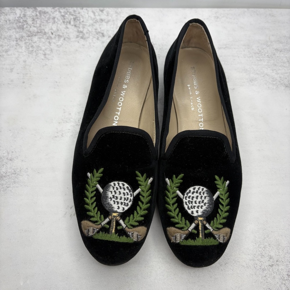 Stubbs & Wootton Loafers 6 Black Velvet Golf Crest Embroidered Slip On Old Money